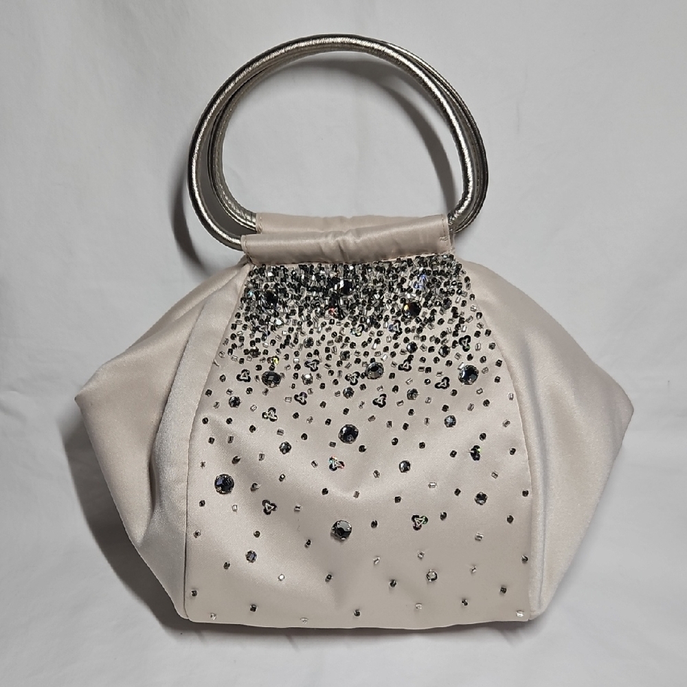 Ann Taylor Elegant Beige Satin Evening Bag with Silver Accents